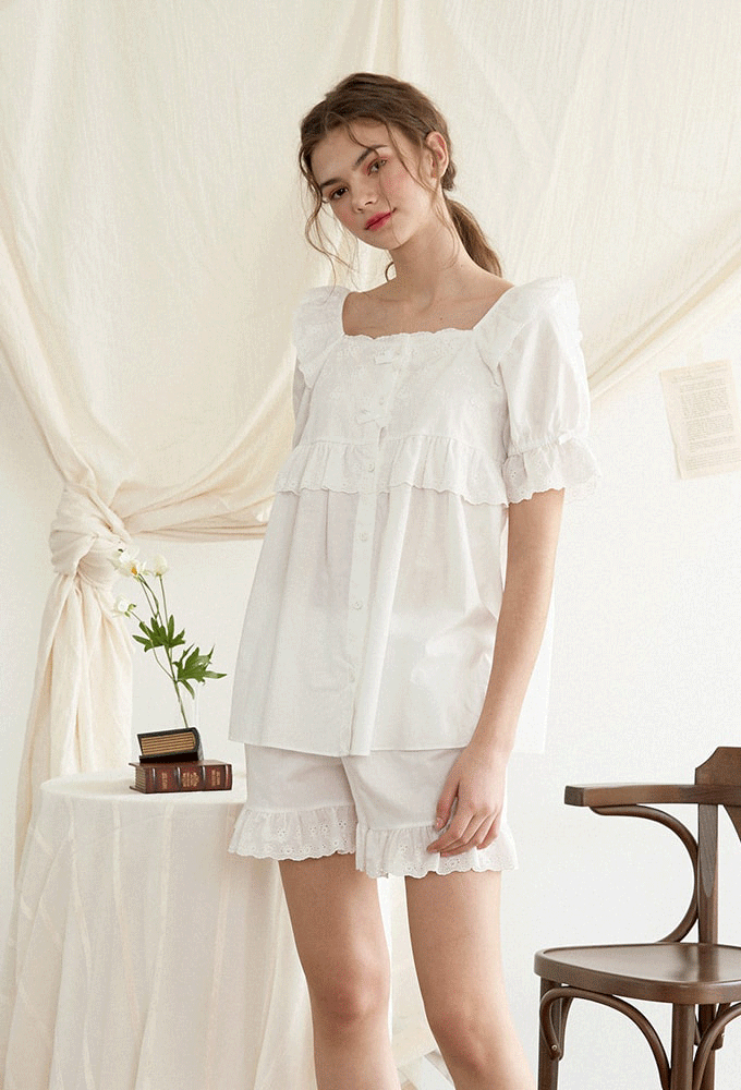 여성-러브레터 면레이온 반팔상하잠옷 white