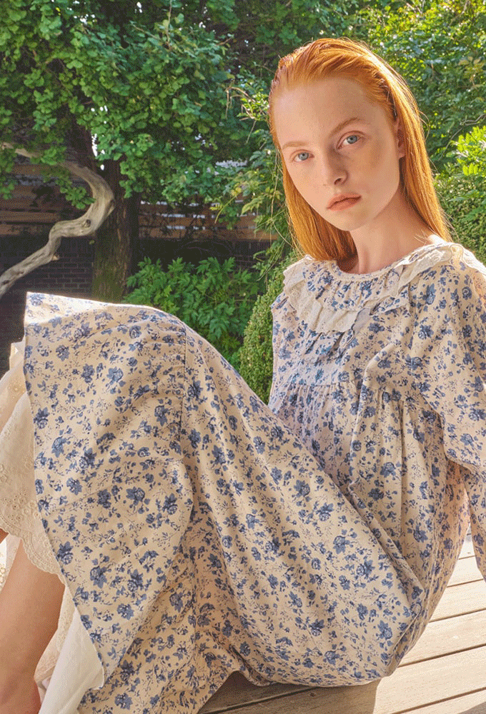 여성-브레베 40수 라운드형 긴팔원피스잠옷 홈드레스